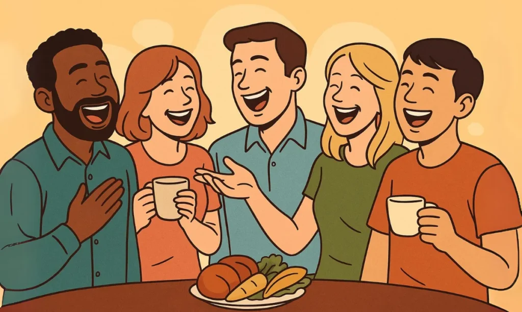 Mennesker der griner drikker te og faar groensager